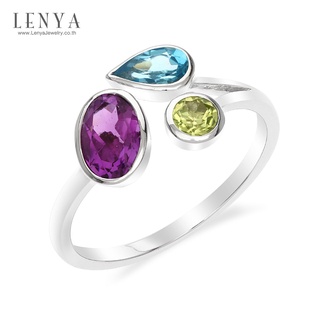 Lenya Jewelry แหวนเงินแท้ประดับอเมทีสต์(Amethyst)สีม่วงรูปไข่โทแพซสีฟ้าและเพอริดอตสีเขียวตัวเรือนชุบโรเดียม