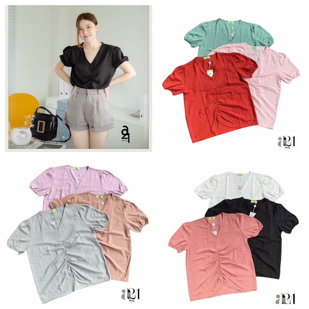 A21​ เสื้อยืดคอวี​ แขนตุ๊กตา​ ย่นหน้าอก​ พิมพ์ลายจุด A T-Shirtnista (A4H)