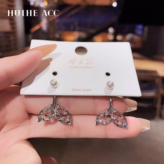 Silver needle style diamond-studded pearl fishtail earrings Korean personality earrings personality temperament earrings