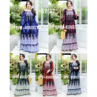 #52/32 Maxi dress bigsize แมกซี่เดรสลายไทยมัดย้อมใส่ได้สองแบบ แขนยาวคอปาดใส่ยางดึงสม้อคใส่ได้สองแบบ