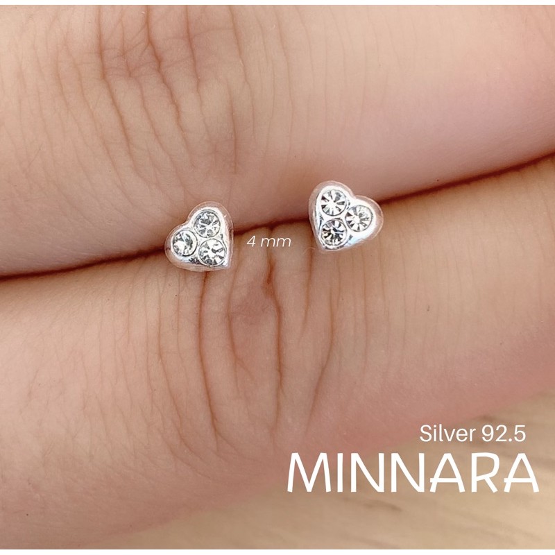 Silver 92.5 ต่างหูเงินแท้ หัวใจล้อมสามเพชร  (#27)  ไม่แพ้ ไม่คัน