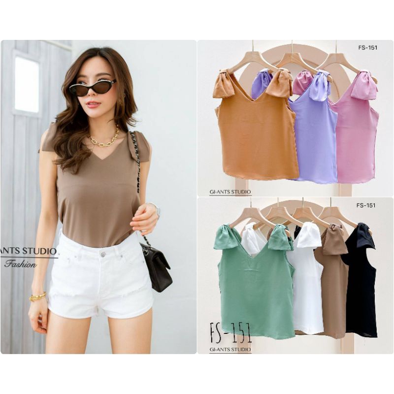พร้อมส่ง FS-151เสื้อแขนกุดคอวีโบว์ไหล่ ทรงน่ารัก