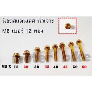 น็อตสแตนเลส น๊อต หัวเจาะ (ทอง) เบอร์ 12 ( M8 ) ราคาต่อ 1 ตัว / สีสวย คมชัด ไม่ลอก ไม่ซีด ไม่ดำ มีหลายขนาด