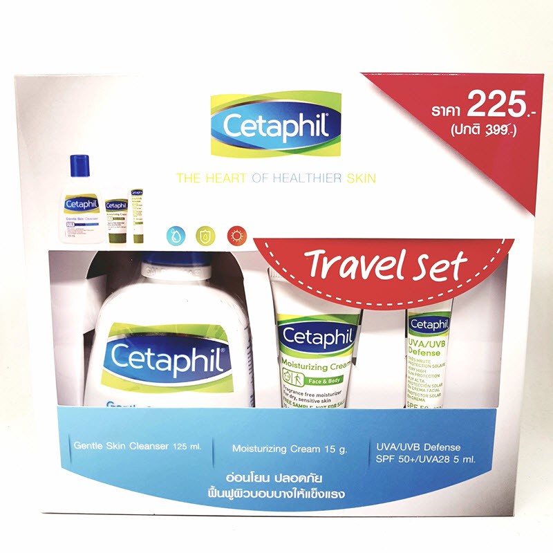 Cetaphil Travel Set : Gentle Skin Cleanser 125 ml / Moisturizing Cream 15 g / UVA/UVB Defense SPF 50