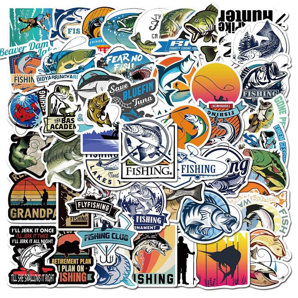 50/25/10PCS Fisherman Go Fishing Outdoors Fashion Fish Stickers for Mobile Phone Laptop Luggage Skateboard Box Tank Bucket Art Stickers