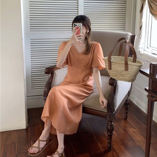 พร้อมส่ง 🍑 orange puff dress C1104 เดรสยาวส้มหยุดด เดรสยาว