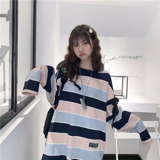 【Ready Stock】เสื้อยืดแขนยาว ลายทาง สีรุ้ง สไคล์เกาหลี สำหรับผู้หญิง Stripes tops