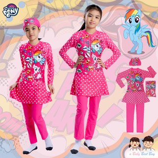 ชุดว่ายน้ำเด็กผู้หญิง My Little Pony สีชมพูเข้ม บอดี้สูทเสื้อแขนยาวกระโปรงกางเกงขายาว มาพร้อมหมวกว่ายน้ำ ลิขสิทธิ์แท้