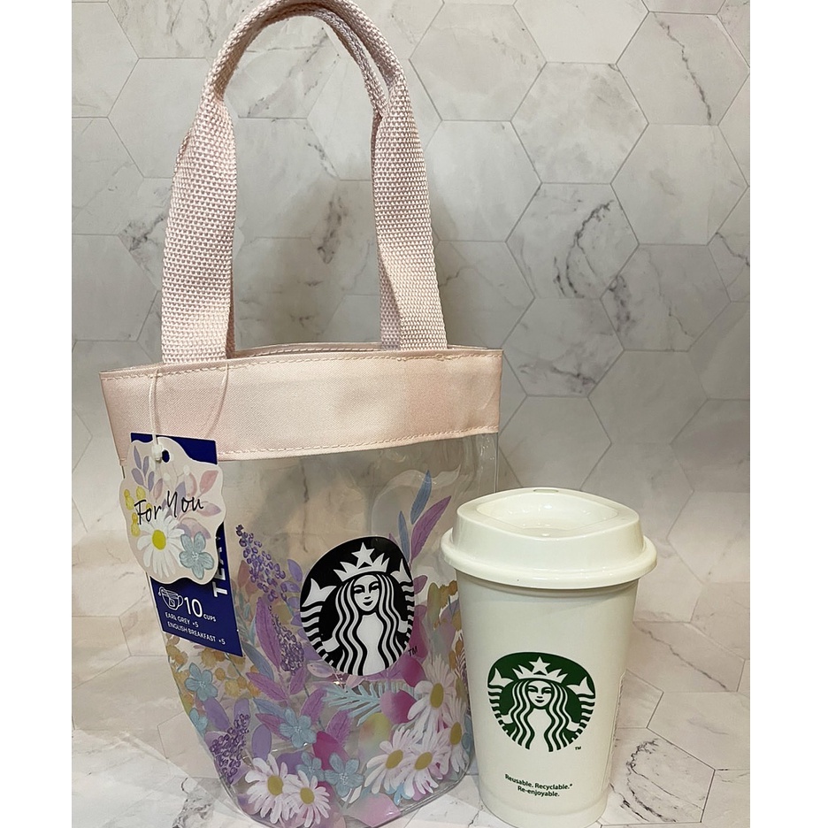 Starbucks Reusable Cup 355ml &amp; Carrier Tote Bag JAPAN (Mother's Day Design) Set เเก้วรียูสคู่เซ็ตถุงหิ้ว ไม่มีชา Teavana