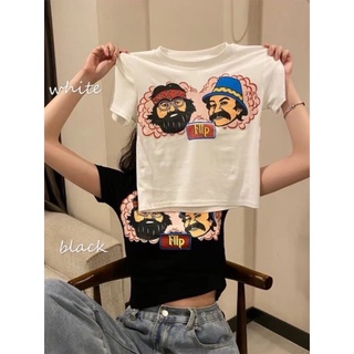 MAYA🌸พร้อมส่ง🌸เสื้อครอป แขนสั้นคอกลม เสื้อยืดฟรีไซด์ ลายพิมพ์ผ้าโพลีเอสเตอร์(Fllp2)