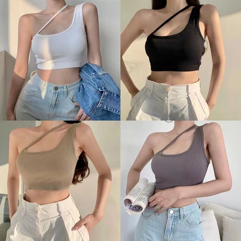 พร้อมส่งเสื้อกล้ามสายคาดไหล่ข้างเดียว แต่งสายไขว้ ครอปแฟชั่นสไตล์เกาหลี #81038