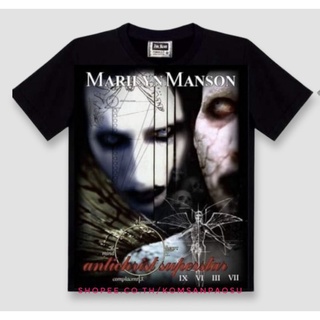 เสื้อยืดผ้าฝ้ายพรีเมี่ยมเสื้อวง marilyn manson เสื้อยืด marilyn manson overprint ( ป้าย The Roxx )