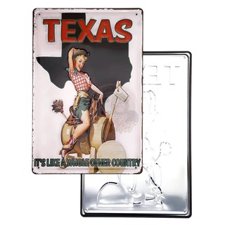 ป้ายสังกะสีวินเทจ Texas Cow Girl (ปั๊มนูน), ขนาด 20x30 ซม.