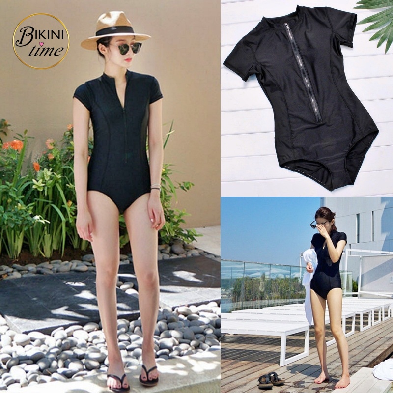 🏖BikiniTime (M-XL) SB189 ชุดว่ายน้ำวันพีซ สีดำแขนสั้น ซิปหน้า มีฟองน้ำเสริม ผ้าว่ายน้ำ บิกินี่ ชุดเท