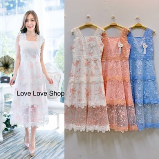 เดรสลูกไม้มี3สี!!! M-L Maxi Dress เดรสผ้าปักดอกไม้ลุคสวยหวาน งานป้าย Love Love