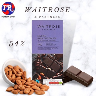 Waitrose Belgian Dark Chocolate with Raisins and Almonds 54% 180g.