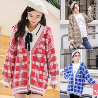 🎀พร้อมส่ง🎀 Premium Cardigan เสื้อคลุมไหมพรมขนนุ่ม คอวี ถักลายตาราง-12276