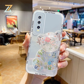 Zymello เคส Vivo Y20 Y17 Y21 Y15S Y15A Y15 Y12 Y12A Y11 Y71 Y91C Y91i Y1S Y30 Y51 Y72 Y75 Y76 Y76S Y85 Z1 เคสโทรศัพท์ซิลิโคนลายหมีดอกไม้สวยๆ(พร้อมขาตั้ง)