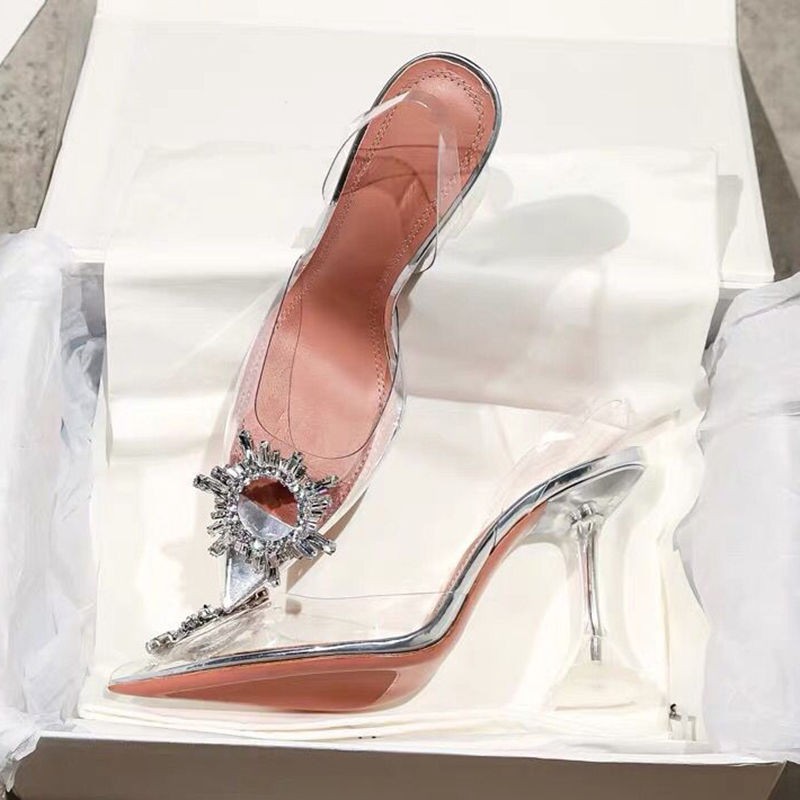 👠 35-42 รองเท้าแตะโปร่งใสหญิง 7 ซม./9 ซม.รองเท้าส้นสูงฤดูร้อนสไตล์ใหม่ Baotou กับเพชร 4142 ขนาดใหญ่ชี้ toe stiletto คริ