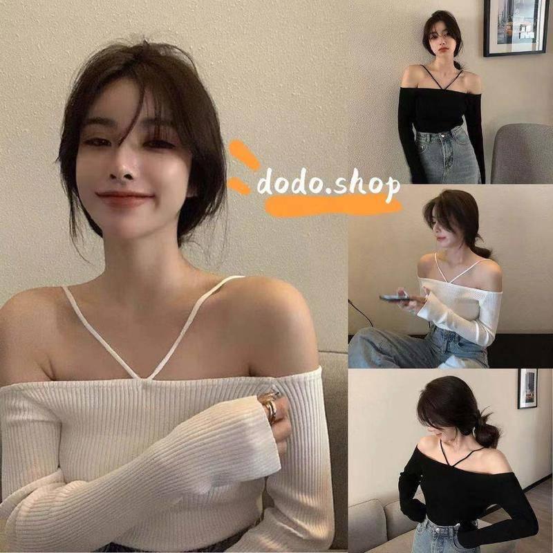 DODO​*เสื้อแขนยาวปาดไหล่มีสายคล้องใส่ได้สองแบบทั้งหน้าและหลังทรงรัดรูปเซ็กซี่น่าดึงดูด(11202-1)