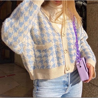 [พร้อมส่ง] เสื้อคลุมไหมพรม contrast color plaid sweater cardigan ฟ้าเบจ(EVN)