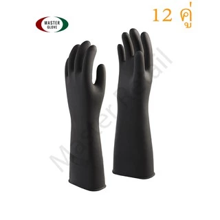 12 คู่ (1โหล) - STRONG MAN 16 " ถุงมือยางธรรมชาติ สีดำ/ส้ม แบบหนาแบบยาว