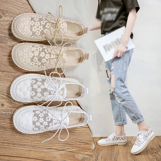 รองเท้าส้นแบนลำลองผู้หญิง, Espadrilles แบบผูกเชือกปักดอกไม้, รองเท้าส้นเตี้ยแบบผูกเชือก