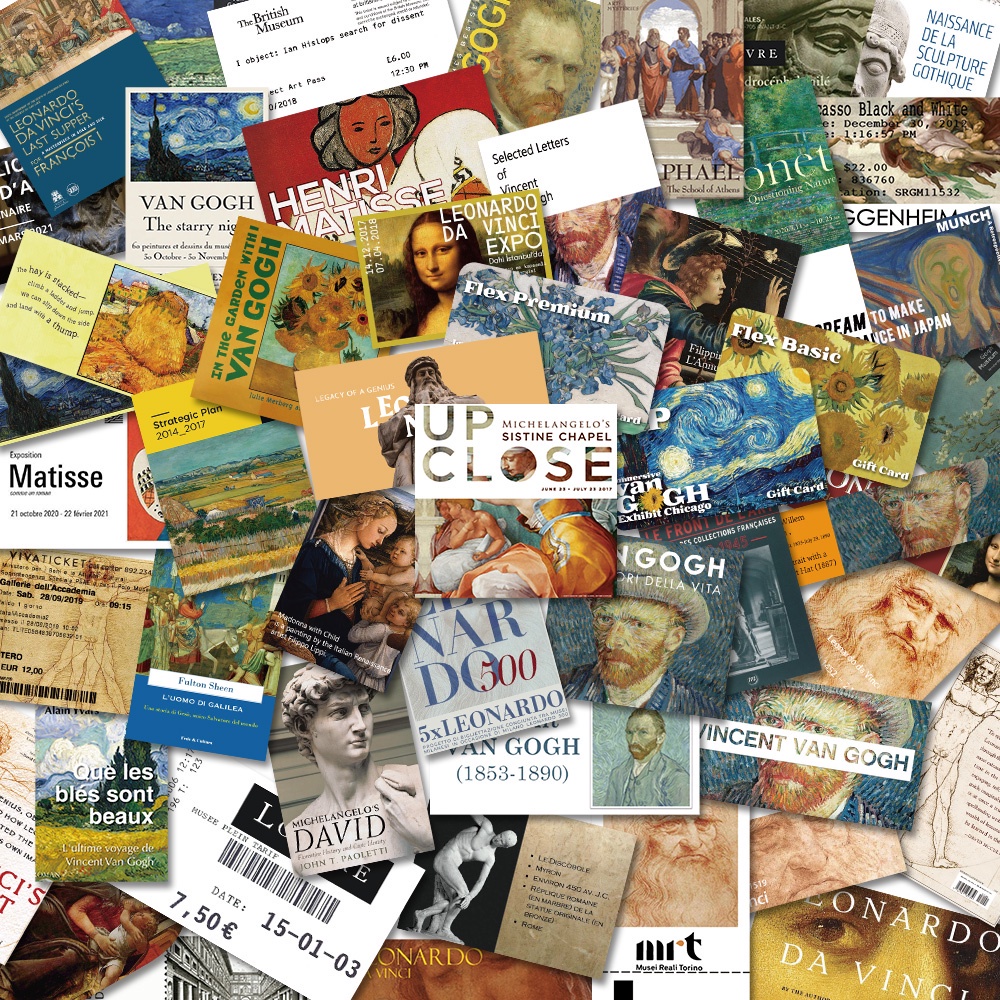 50pcs วรรณกรรม Art Museum Ticket Roots Da Vinci Van Gogh ภาพวาดที่มีชื่อเสียงสติกเกอร์กันน้ําสเก็ตบอร์ดแล็ปท็อปกระเป๋าเดินทาง Graffiti สติกเกอร์