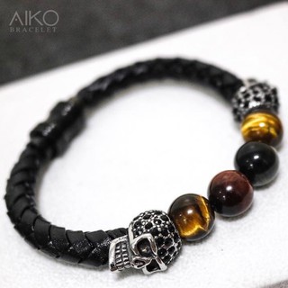 The Two Skull With Leather กำไลหินมิกซ์หนัง (Three Tiger Eye)