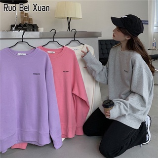 RUO BEI XUAN เสื้อกันหนาวสีลูกกวาดเวอร์ชั่นเกาหลีหลวมตัวอักษรขนาดใหญ่พิมพ์แขนยาว Simple