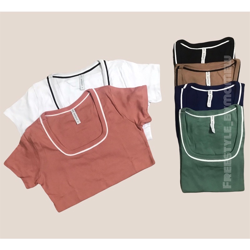New เสื้อคอเหลี่ยม เสื้อยืดคอเหลี่ยม แต่งขีดตรงคอ ลายเก๋มาก ผ้าดีมาก พร้อมส่งค่ะ