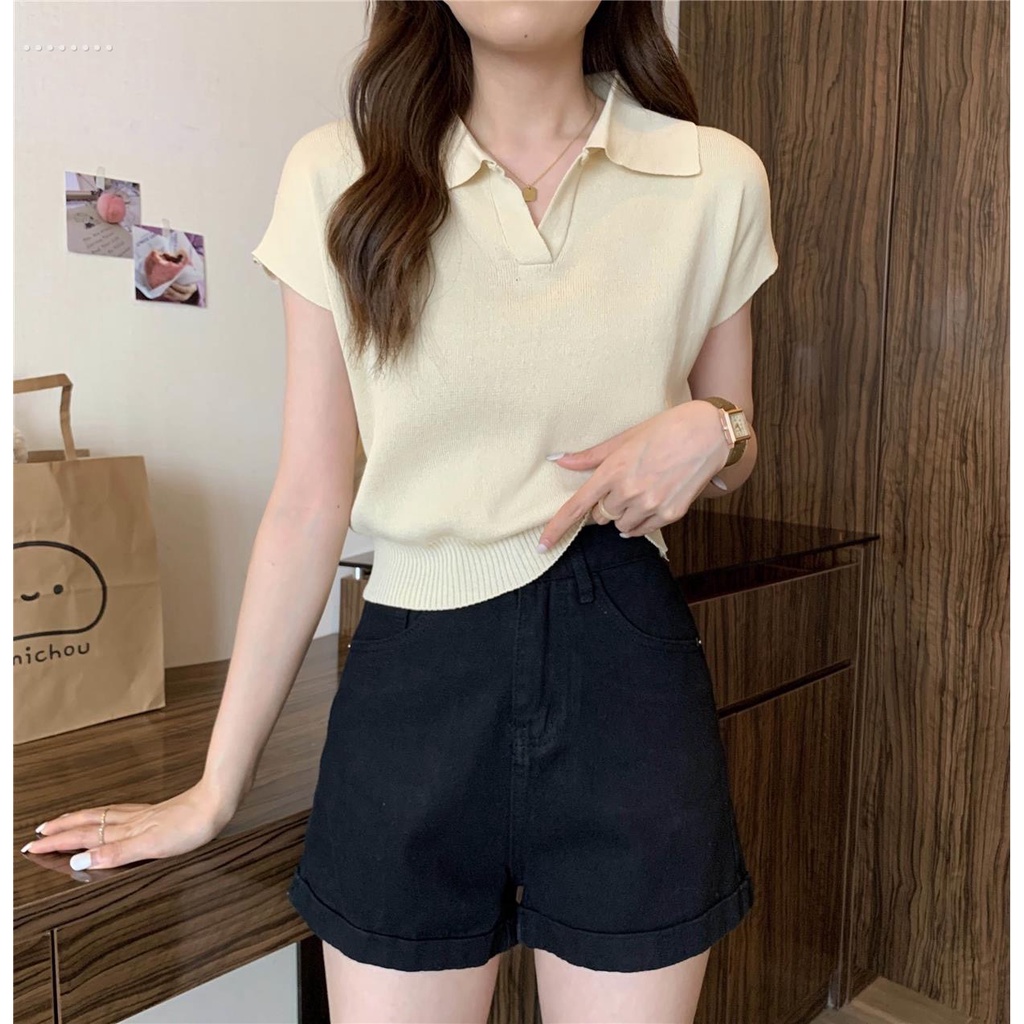 iknowshop เสื้อครอปไหมพรม แขนกุดคอปกหน้าวี - iknow.shop - ThaiPick