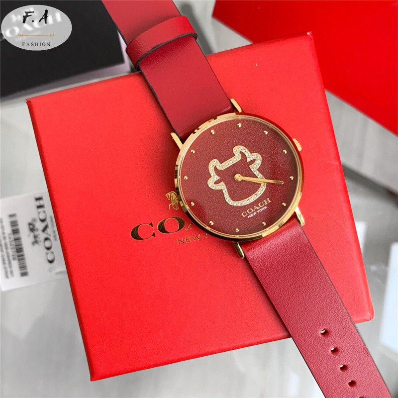 F.A (ของแท้ 100%) Coach 2021 Ox Year Zodiac Limited Commemorative Watch / Red Women's Waterproof Watch / Leather Belt