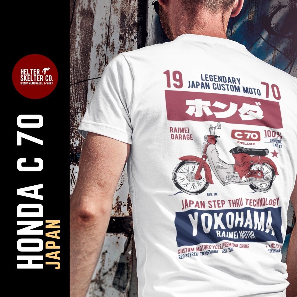 คอลูกเรือเสื้อยืดคอกลมเสื้อยืด พิมพ์ลายรถจักรยานยนต์ Honda C 70 สไตล์วินเทจ แฟชั่นคลาสสิกเรโทรผ้าฝ้ายแท้