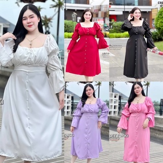 สาวอวบ เดรสสาวอวบ เดรสแขนญาญ่า แต่งกระดุมมุก ลิมิเตด อก 38 40 42 44 46