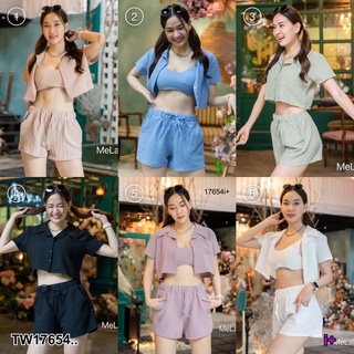 👗Pfashion [ส่งไว!!🚛] P17654 Set 3 ชิ้น เสื้อครอปเชิ้ต + บรา + กางเกงขาสั้น