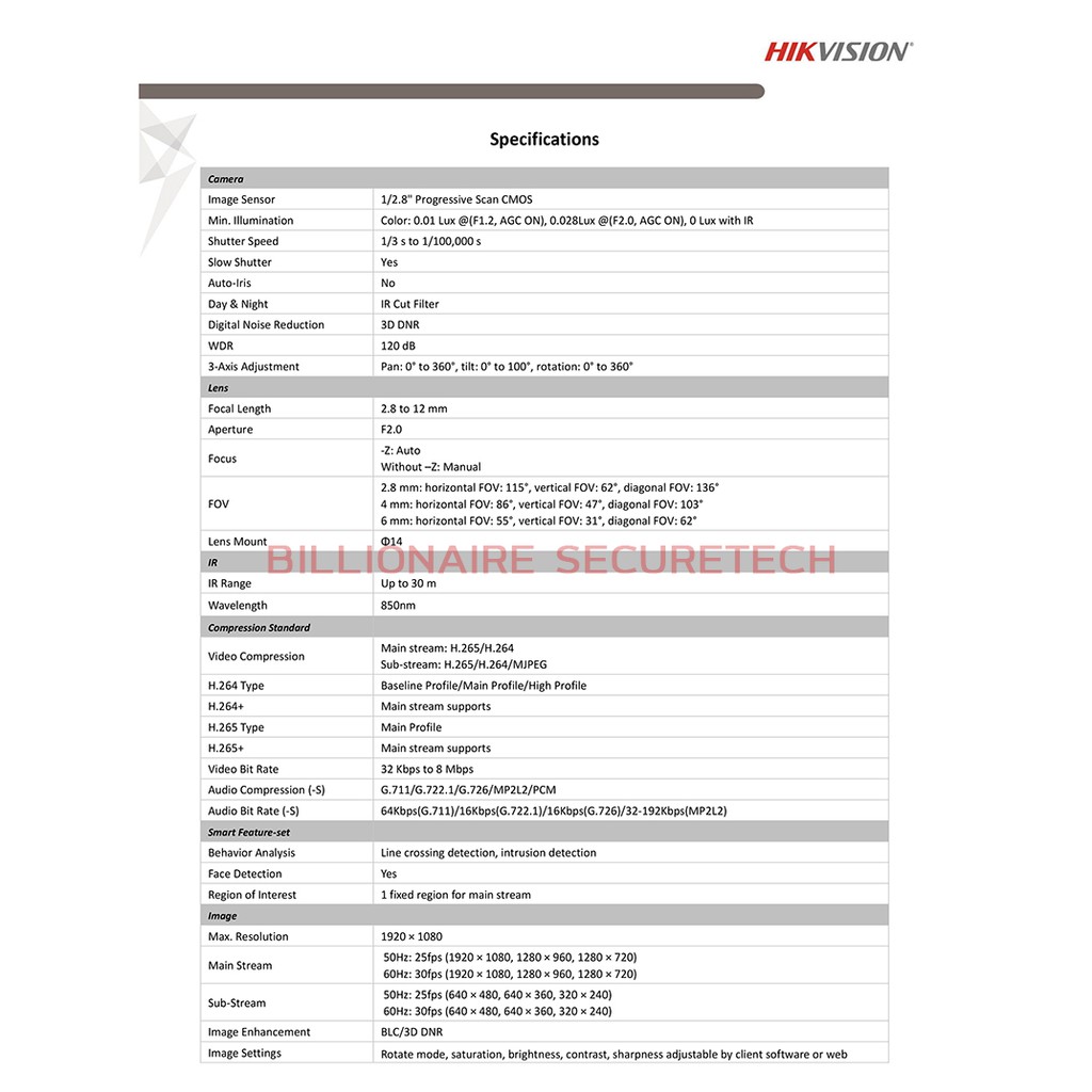 HIKVISION กล้องวงจรปิดระบบ IP (2MP) DS-2CD2621G0-IZ (2.8-12 mm) LENS ZOOM, IR30M., POE