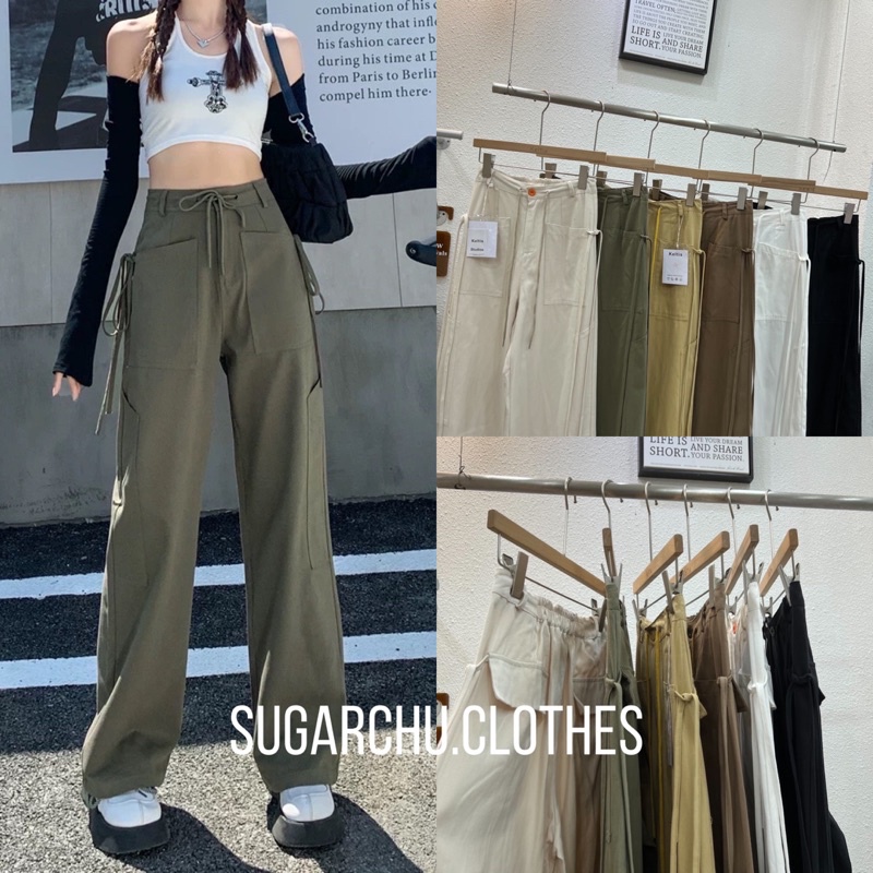 Cargo Pants กางเกงคาร์โก้ มีเชือกผูก ทรงกระบอก พร้อมกระเป๋า งานป้าย K พร้อมส่ง -1088