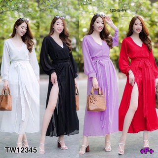 SK12345 Dress เดรสคอวียาว งานผ้าชีฟองพริ้วๆ