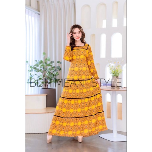 พร้อมส่ง Maxi dress Bohemian ชุดเดรสโบฮีเมียนสาวอวบผ้าพิมพ์ลายบาโลค เสื้อผ้าผู้หญิงอินเดีย ใส่เที่ยวใส่ออกงาน