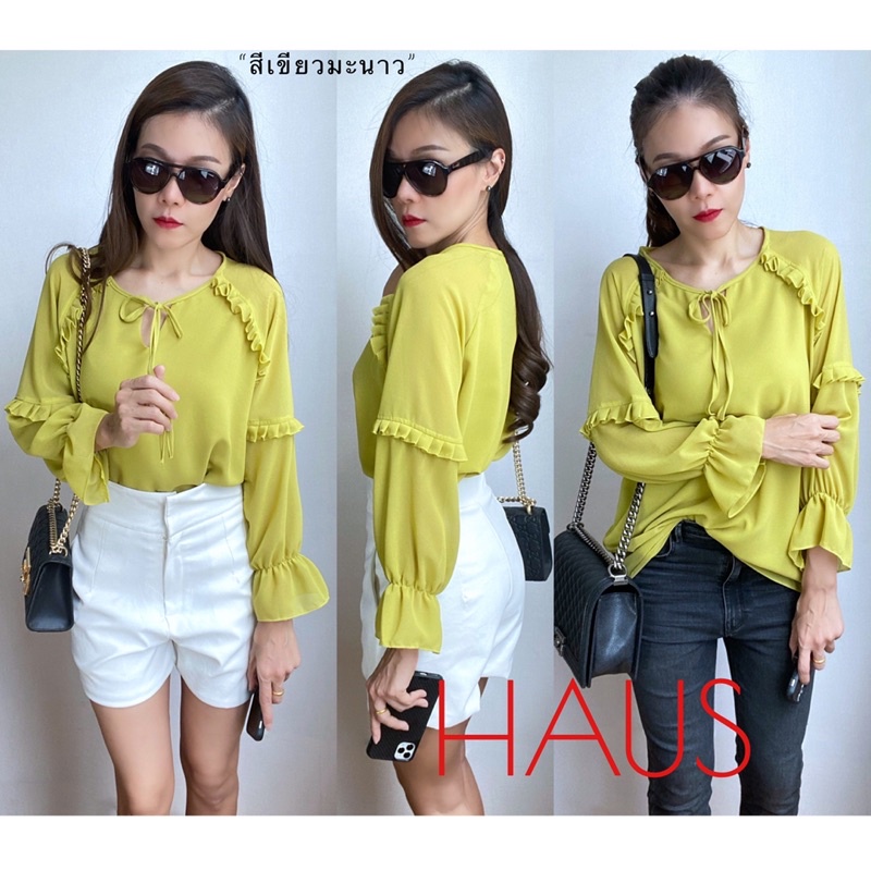 เสื้อชีฟองแขนยาวแต่งระบายแขน มีซับในเต็มตัวหน้าหลัง หน้าผ้า 44” (อก 34”-44”ใส่ได้) นางแบบอก34” - รูปที่ 6