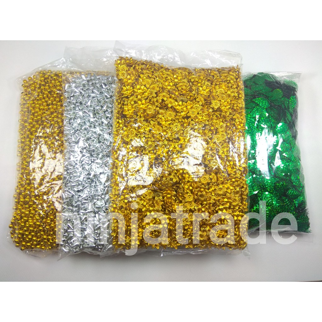 ลูกปัด ทรงกลม หยดน้ำ ดอกพิกุล สีเงิน,ทอง ใบไม้เขียว (500กรัม)