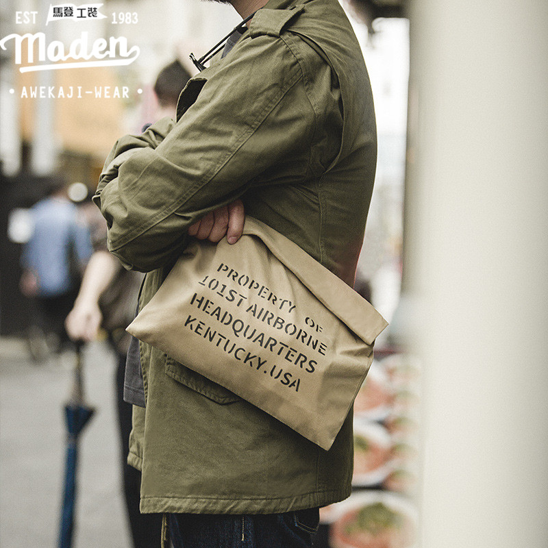 Maden brand men's gentleman simple handbag American retro military style oil wax canvas handbag khaki casual 8oz cotton handmade printing bag