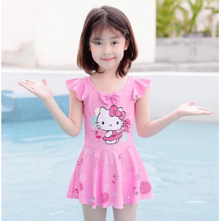 (ไซด์หมดรอเข้า)ชุดว่ายน้ำเด็กหญิงลายคิตตี้ ชมพู เป็นกระโปรง วันพีช