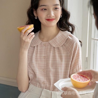 เสื้อเชิ้ตแขนสั้น คอตุ๊กตา ลายสก๊อต สีชมพูนม สไตล์ฝรั่งเศส สําหรับผู้หญิง 2022