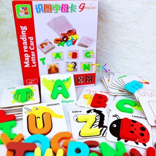 แฟลชการ์ดคำศัพท์A-Z วางบล็อกไม้ตัวอักษรเป็นไม้ ฝึกเขียนตัวษร A-Z Map reading Letter card Flash card ของเล่นเสริมพัฒนาการ