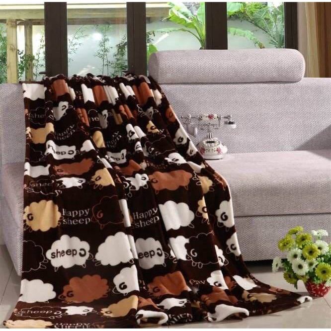 sml 0066 ผ้าห่มนาโน ผ้าห่มอุ่น ขนาด 6 ฟุต (180x200) ซม. สีน้ำตาลเข้ม ลวดลายแกะน้อย สดใส วินเทจ