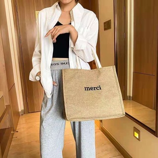 🌈พร้อมส่ง🌈 เนื้อผ้าหนาพิเศษ กระเป๋า merci กระเป๋าช้อปปิ้ง กระเป๋าผ้ากระสอบ ใบใหญ่ กระเป๋าไปทะเล กระเป๋าmerci