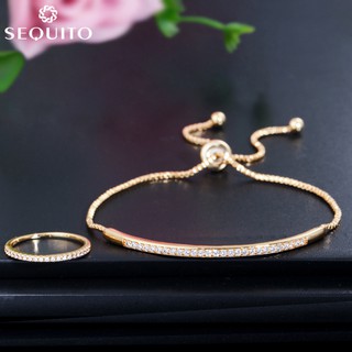 【Sequito】J093 ชุดเครื่องประดับ แหวนคริสตัลเพทาย สีเหลือง ทอง ปรับได้ แฟชั่นเรียบง่าย สําหรับผู้หญิง 2 ชิ้น