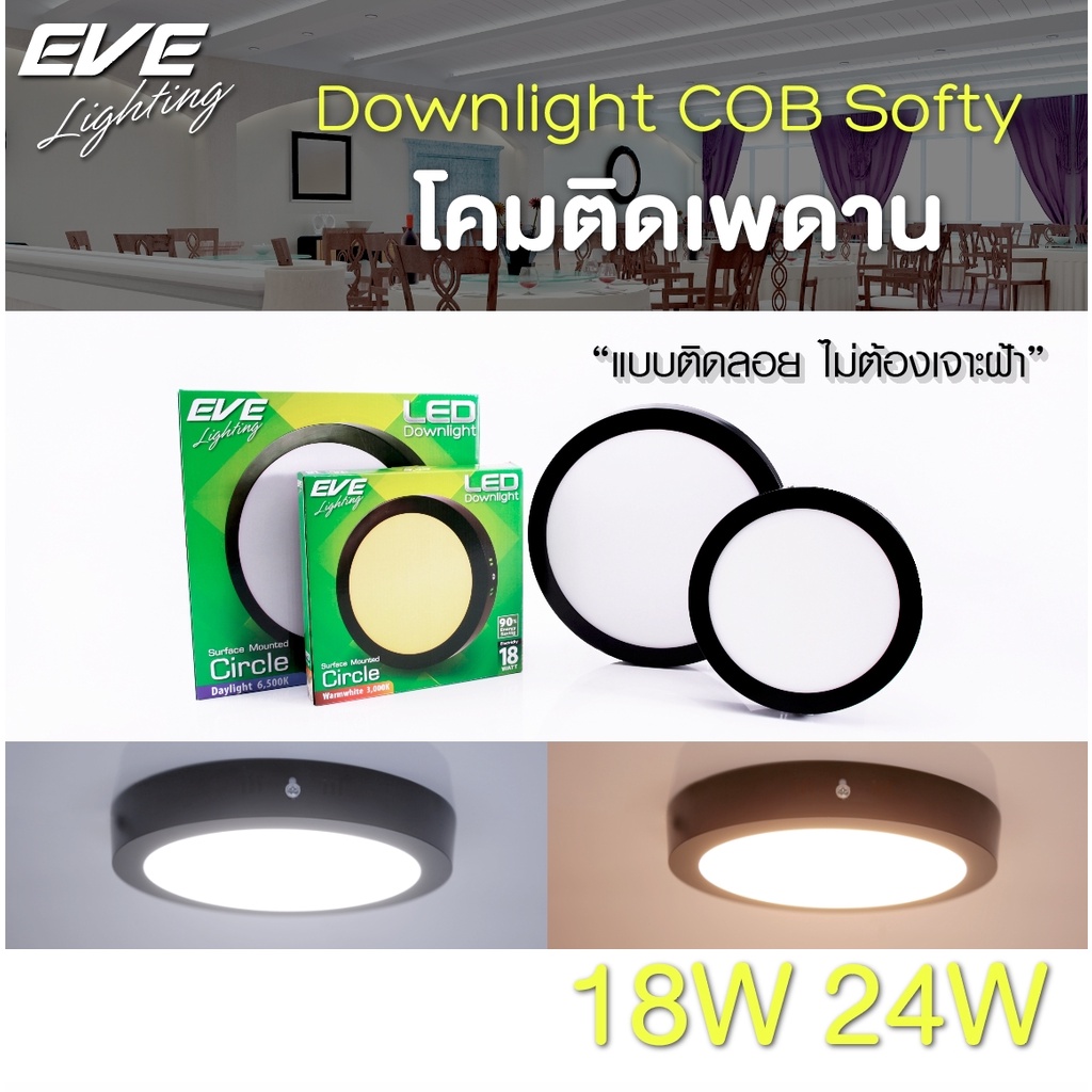 EVE โคมดาวน์ไลท์ โคมติดลอย โคมไฟติดเพดาน แอลอีดี LED หน้ากลม ขอบดำ 18W 24W แสงขาว แสงเหลือง
